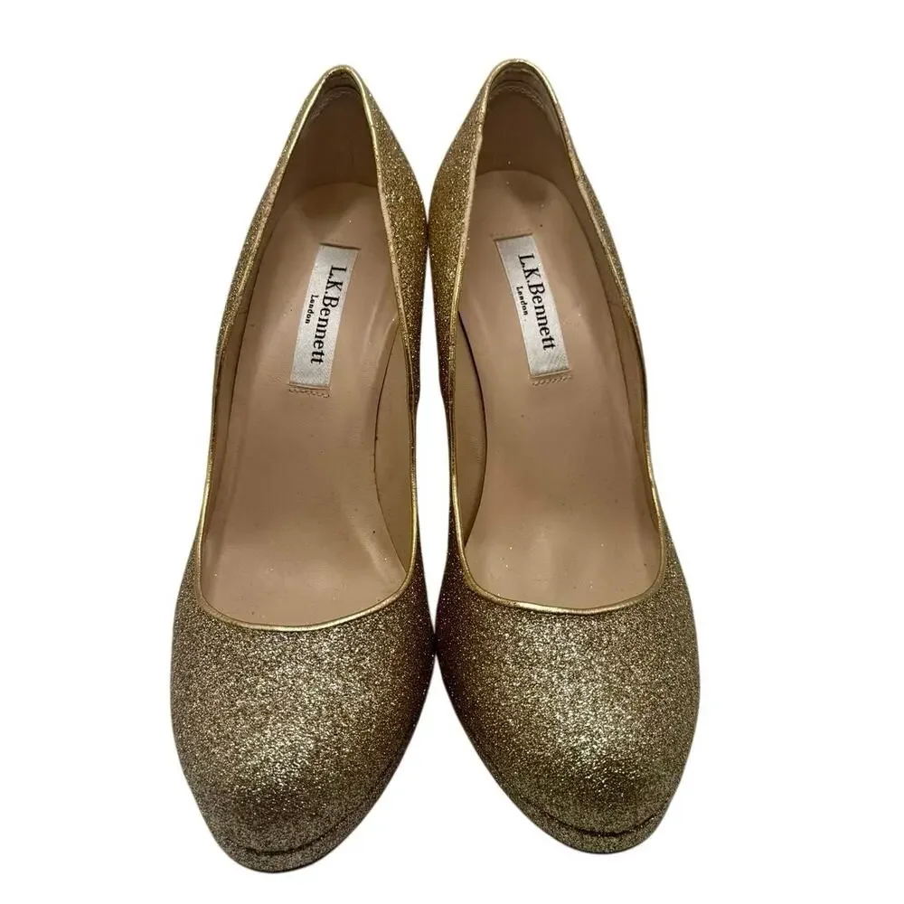 L.K. Bennett Sledge Platform Pump in Gold Glitter size 38 LIKE NEW